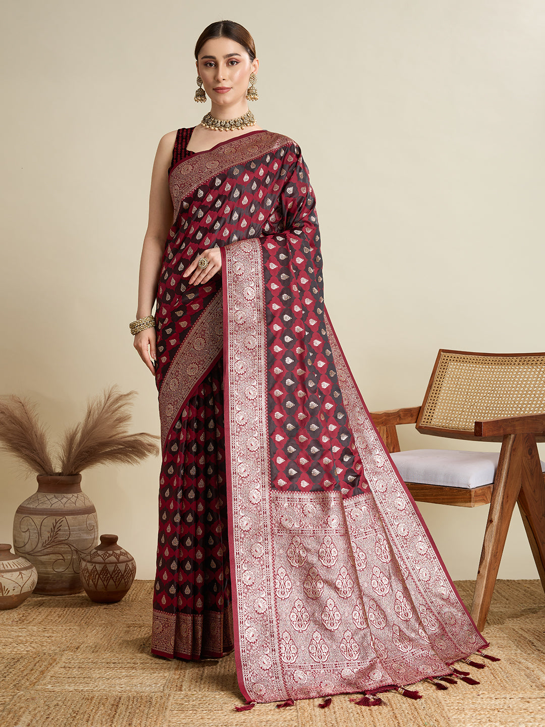 Soft Satin Silk Maroon Saree with Rich Zari Motifs, Contrast Border & Elegant Blouse