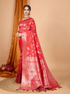 Red Soft Banarasi Silk Saree Featuring Meenakari Zari Weaving & Tassels on Pallu