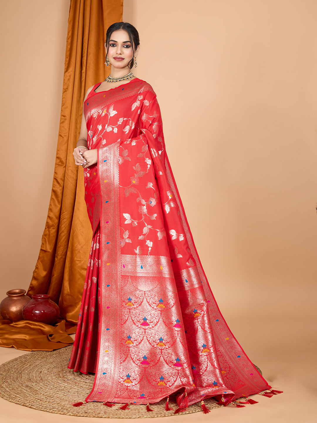 Red Soft Banarasi Silk Saree Featuring Meenakari Zari Weaving & Tassels on Pallu
