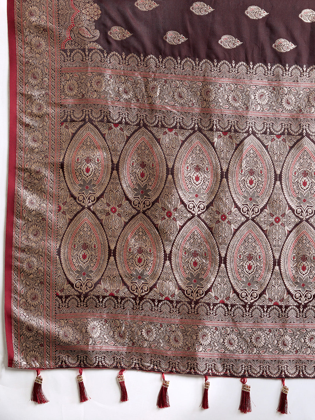 Soft Satin Silk Maroon Saree with Rich Zari Motifs, Contrast Border & Elegant Blouse