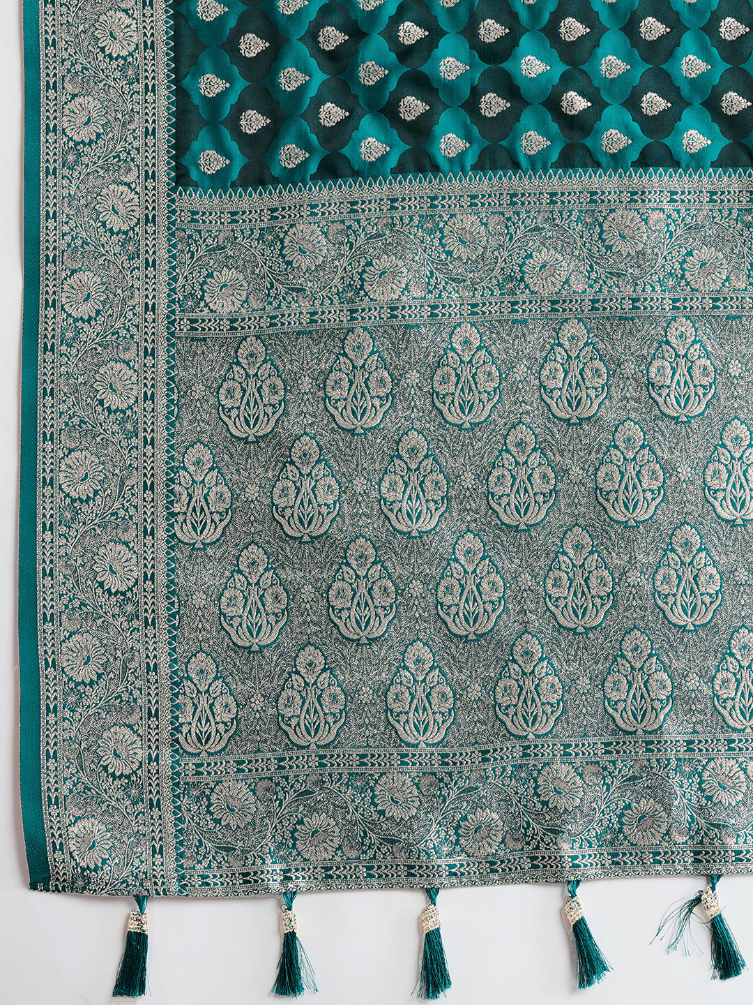 Soft Satin Silk Navy blue Saree with Rich Zari Motifs, Contrast Border & Elegant Blouse