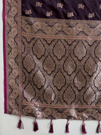 Soft Satin Silk Wine  Saree with Rich Zari Motifs, Contrast Border & Elegant Blouse