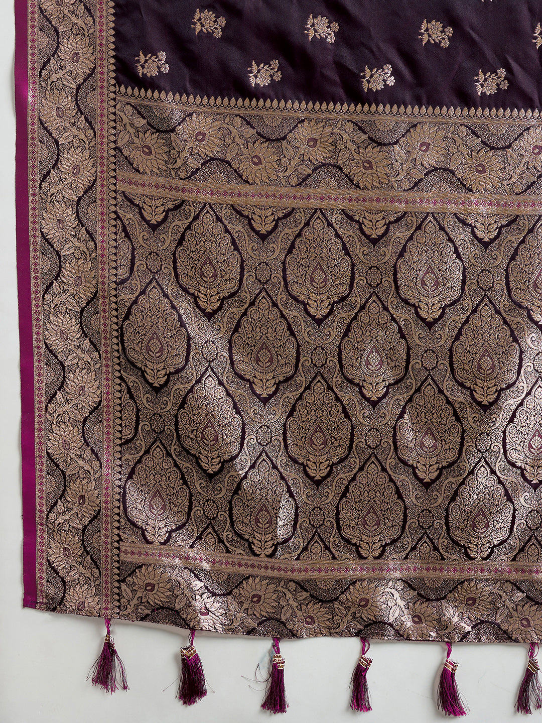Soft Satin Silk Wine  Saree with Rich Zari Motifs, Contrast Border & Elegant Blouse