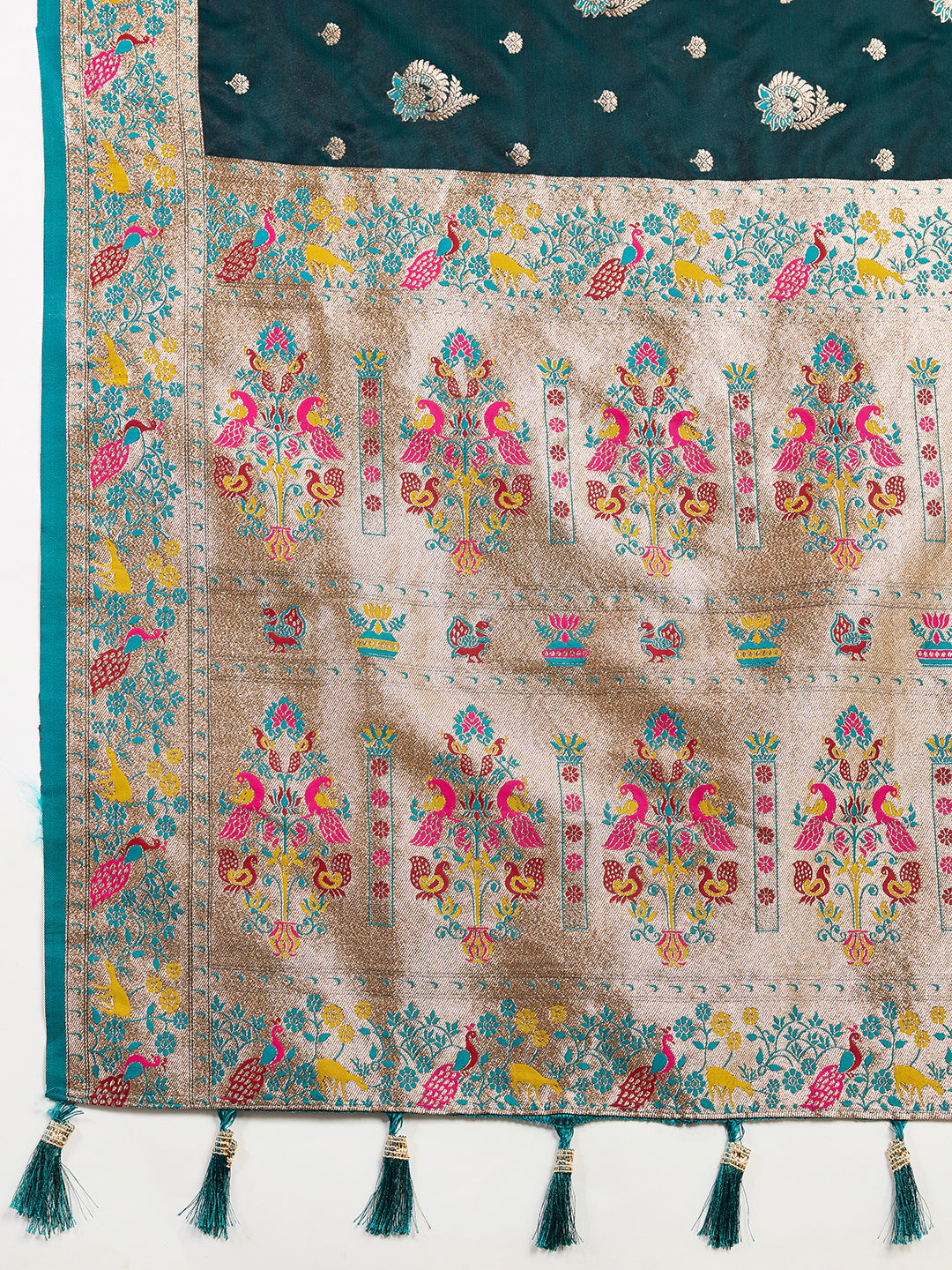 Green Soft Silk Saree in Premium Two-Tone Satin with Paithani Design, Rich Zari Pallu & Contrast Mina Border