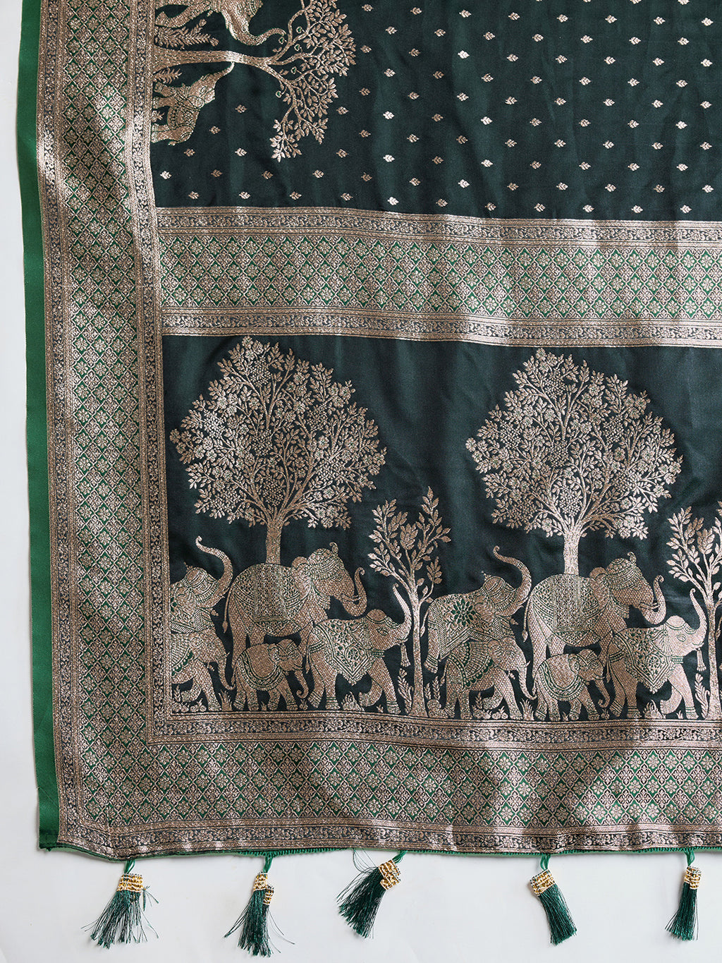 Soft Satin Silk Green Saree with Rich Zari Motifs, Contrast Border & Elegant Blouse