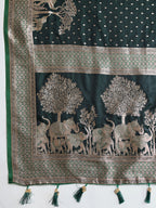 Soft Satin Silk Green Saree with Rich Zari Motifs, Contrast Border & Elegant Blouse