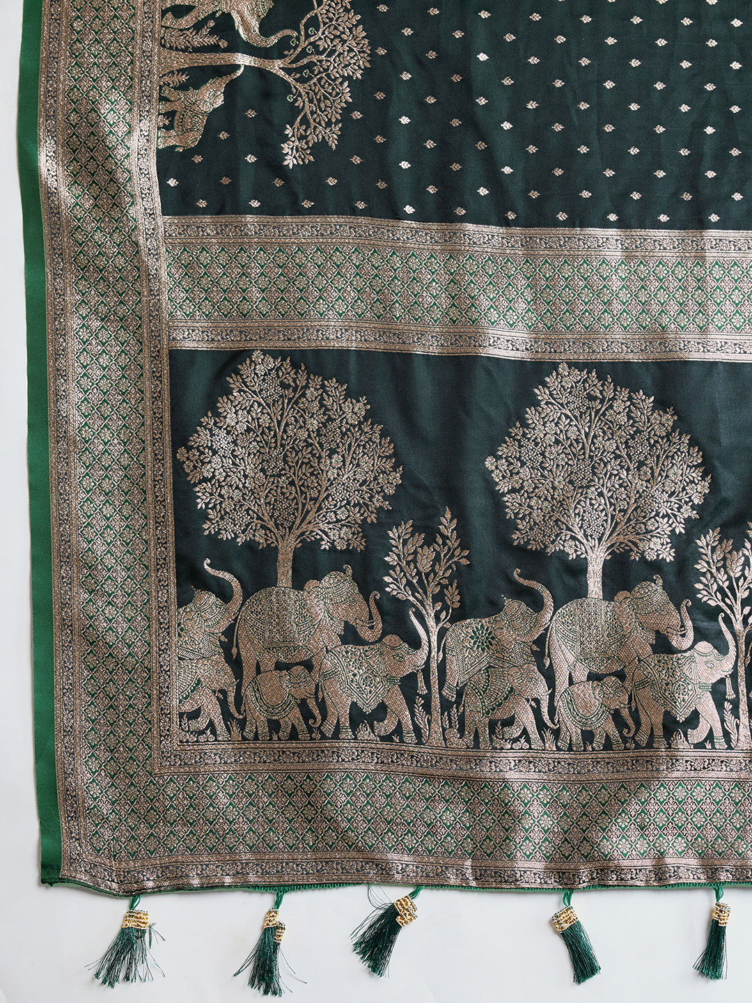 Soft Satin Silk Green Saree with Rich Zari Motifs, Contrast Border & Elegant Blouse