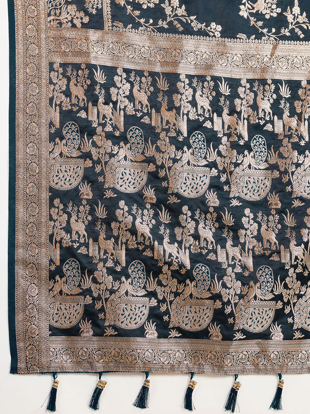 Premium Black Two-Tone Satin Soft Silk Saree with All Over Zari Work & Contrast Woven Border