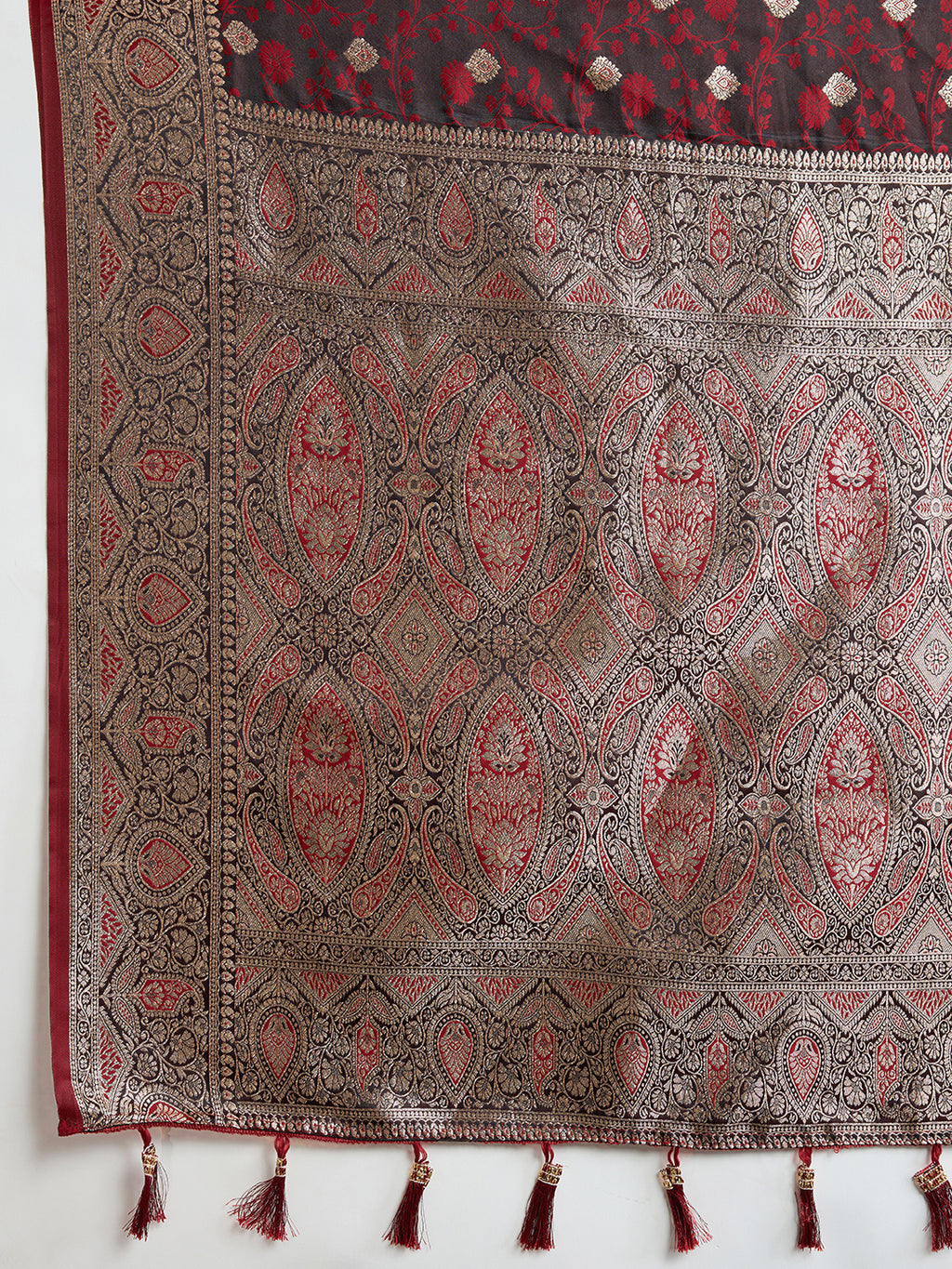 Soft Satin Silk Maroon Saree with Rich Zari Motifs, Contrast Border & Elegant Blouse
