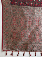 Soft Satin Silk Maroon Saree with Rich Zari Motifs, Contrast Border & Elegant Blouse