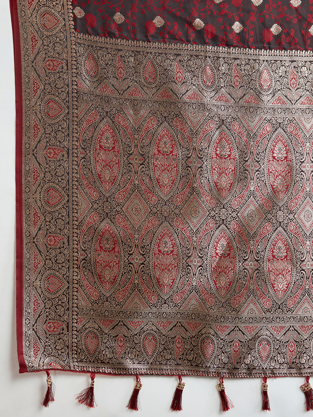 Soft Satin Silk Maroon Saree with Rich Zari Motifs, Contrast Border & Elegant Blouse