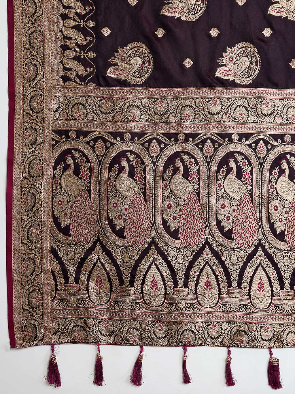 Soft Satin Silk Wine  Saree with Rich Zari Motifs, Contrast Border & Elegant Blouse