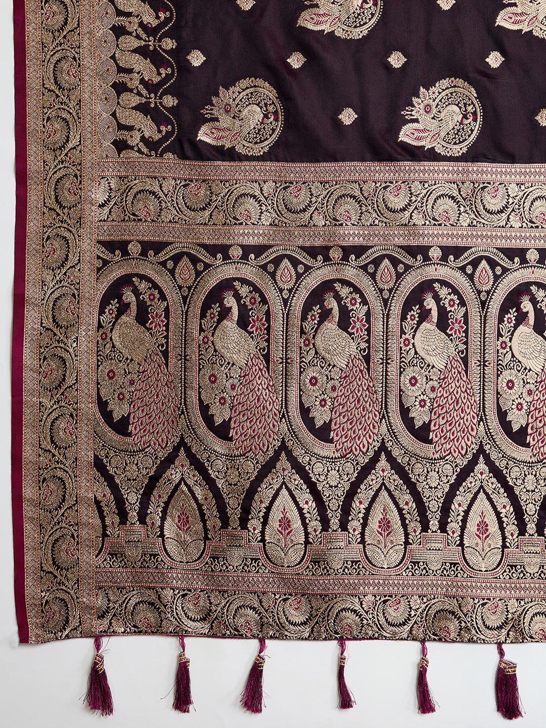 Soft Satin Silk Wine  Saree with Rich Zari Motifs, Contrast Border & Elegant Blouse