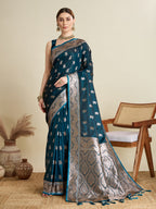 Soft Satin Silk Blue Saree with Rich Zari Motifs, Contrast Border & Elegant Blouse