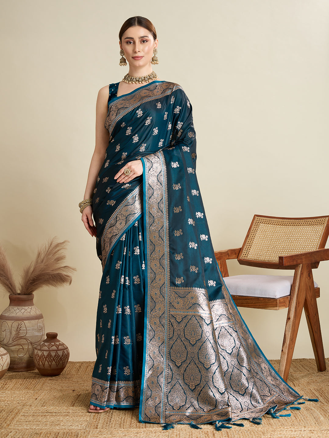 Soft Satin Silk Blue Saree with Rich Zari Motifs, Contrast Border & Elegant Blouse
