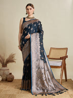 Soft Satin Silk Blue Saree with Rich Zari Motifs, Contrast Border & Elegant Blouse