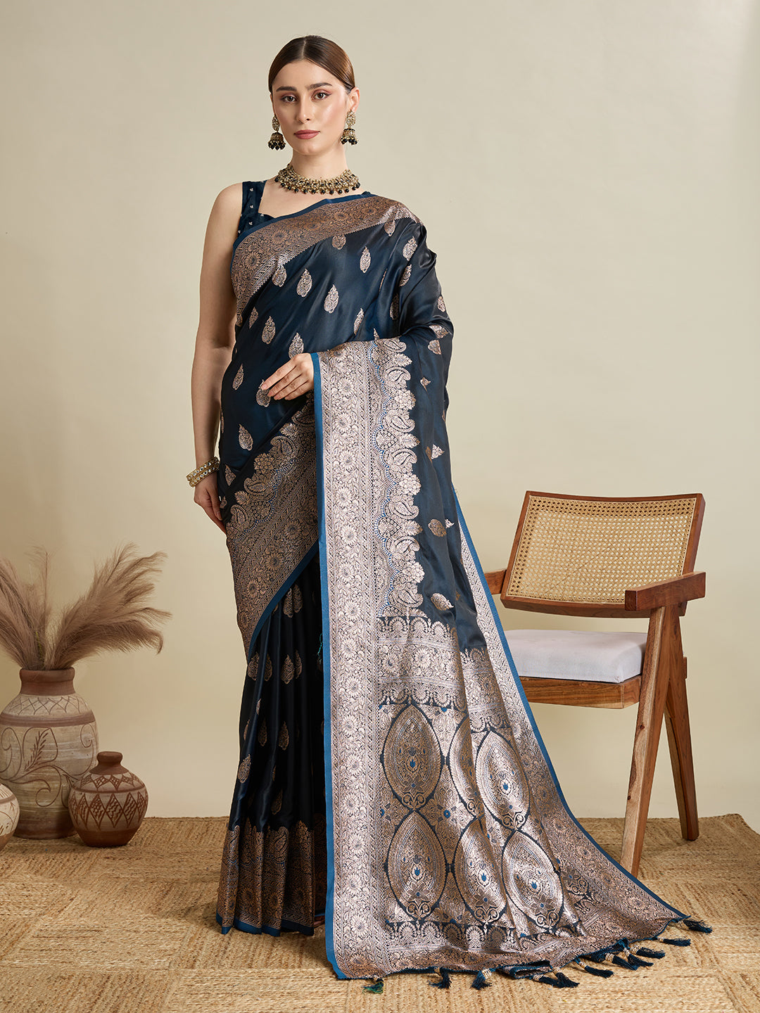 Soft Satin Silk Blue Saree with Rich Zari Motifs, Contrast Border & Elegant Blouse