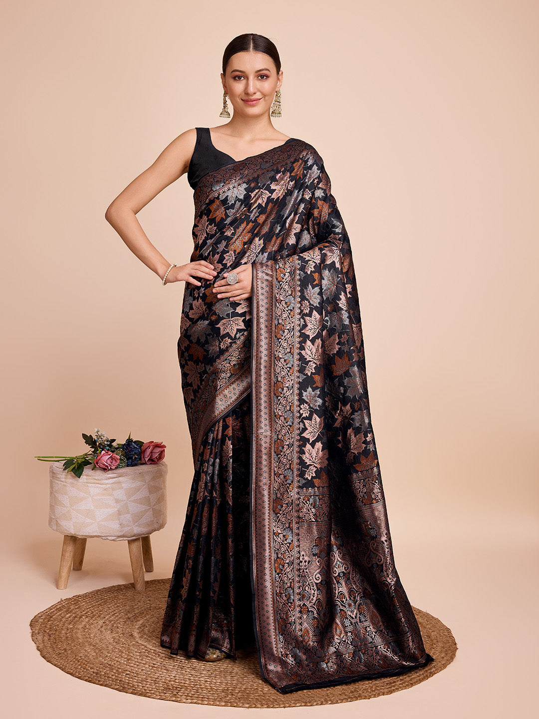 Black Pure Silk Saree – Double Zari Weaving with Soft Zari Border & Gold/Copper Contrast