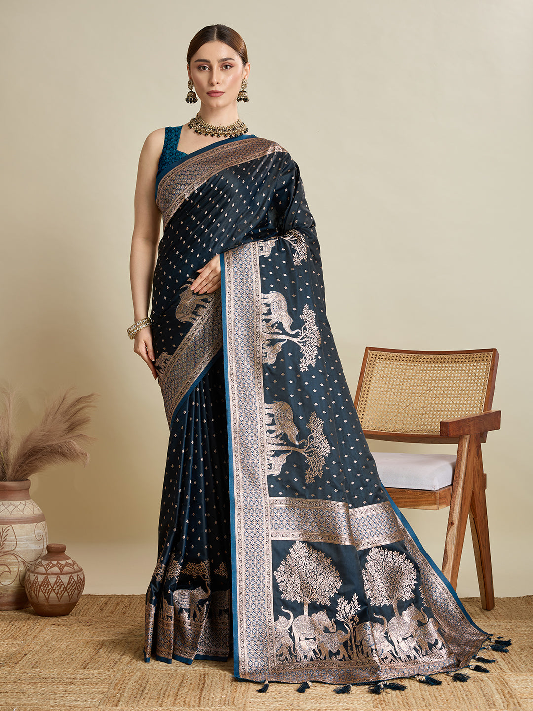 Soft Satin Silk Navy Blue Saree with Rich Zari Motifs, Contrast Border & Elegant Blouse
