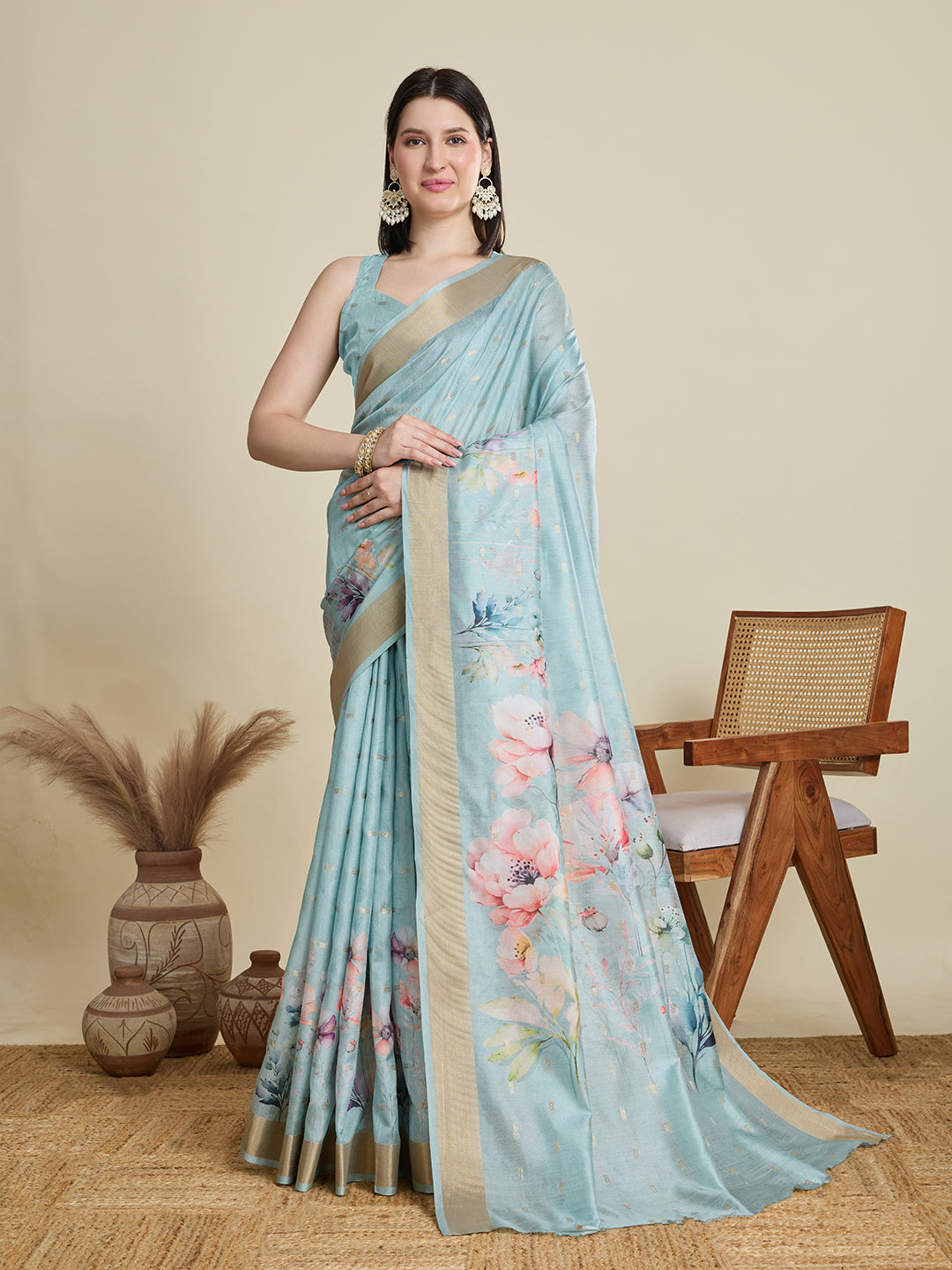 Soft, Breathable & Celebration-Ready: Semi Cotton Sky Blue Sarees with Butti & Jacquard Elegance
