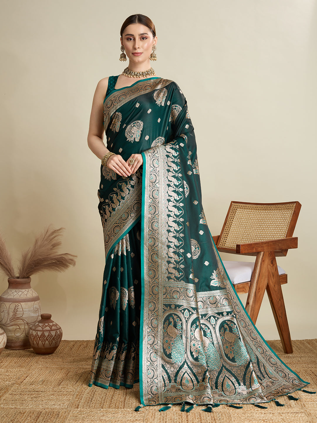Soft Satin Silk Green Saree with Rich Zari Motifs, Contrast Border & Elegant Blouse