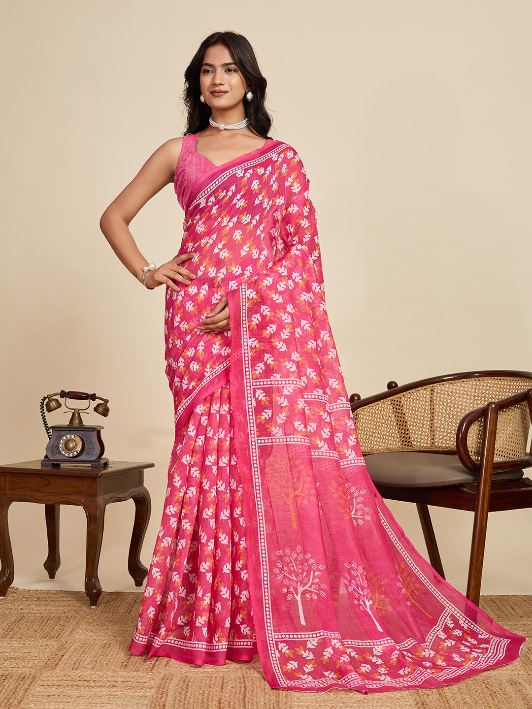 Women's Pink Color Linen Saree with Jari Border and Blouse – Printed All Over Designer