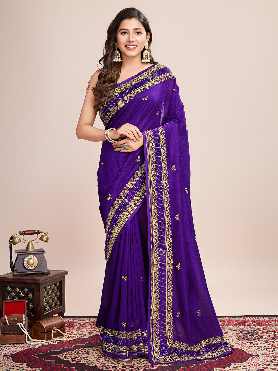 Soft Vichitra Silk Purple Saree with Intricate Multicolor Floral Work & Coordinated Embroidered