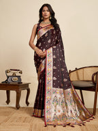 Coffee Soft Silk Saree in Premium Two-Tone Satin with Paithani Design, Rich Zari Pallu & Contrast Mina Border
