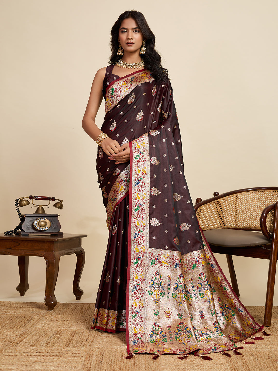 Coffee Soft Silk Saree in Premium Two-Tone Satin with Paithani Design, Rich Zari Pallu & Contrast Mina Border