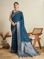 Soft Satin Silk Blue Saree with Rich Zari Motifs, Contrast Border & Elegant Blouse