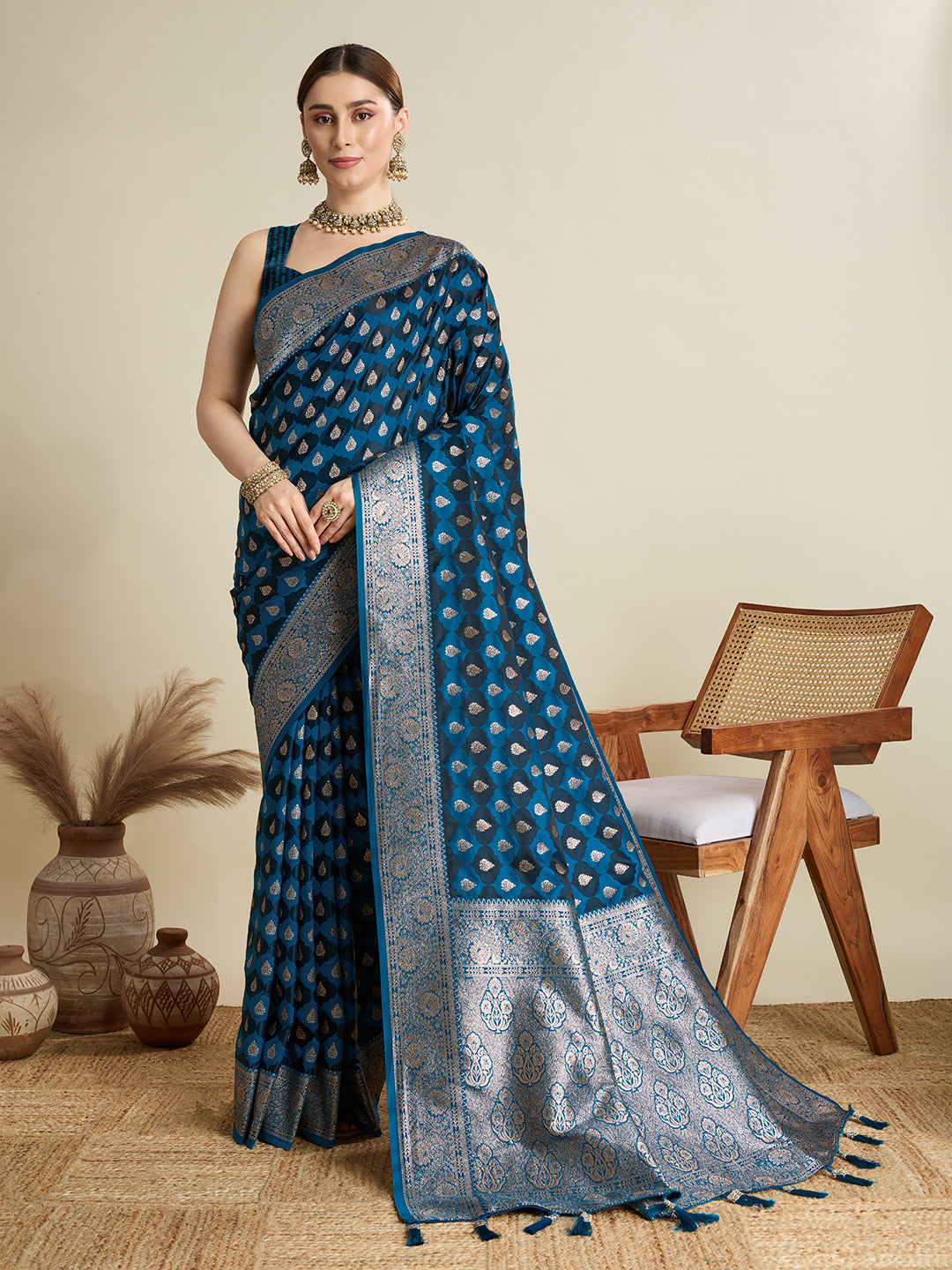 Soft Satin Silk Blue Saree with Rich Zari Motifs, Contrast Border & Elegant Blouse