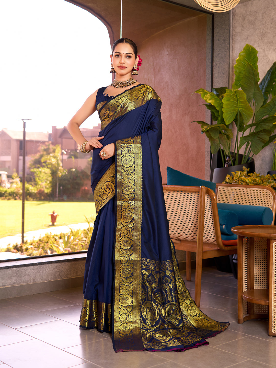 Banarasi Elegance Navy Blue Saree Redefined – Light, Luxurious & Perfect for Wedding Shenanigans