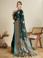 Soft Satin Silk Green Saree with Rich Zari Motifs, Contrast Border & Elegant Blouse