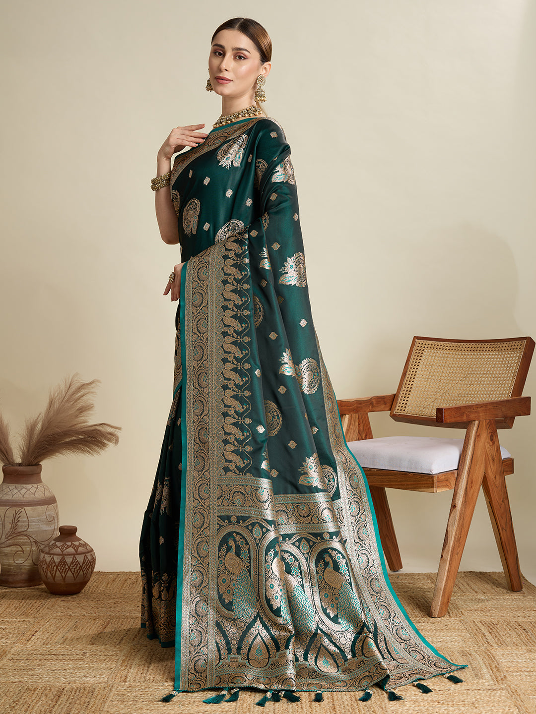 Soft Satin Silk Green Saree with Rich Zari Motifs, Contrast Border & Elegant Blouse