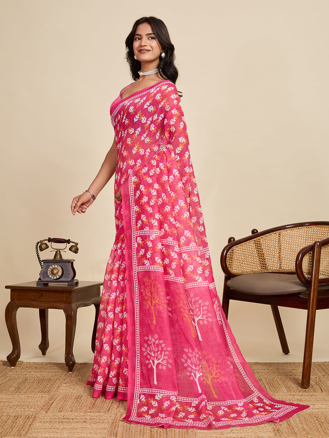 Women's Pink Color Linen Saree with Jari Border and Blouse – Printed All Over Designer