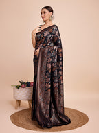 Black Pure Silk Saree – Double Zari Weaving with Soft Zari Border & Gold/Copper Contrast