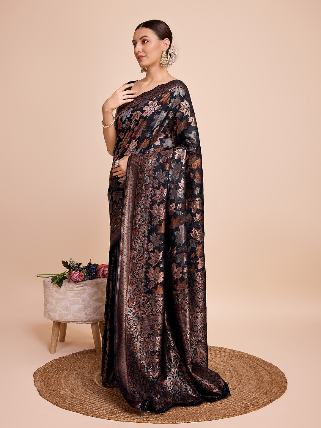 Black Pure Silk Saree – Double Zari Weaving with Soft Zari Border & Gold/Copper Contrast