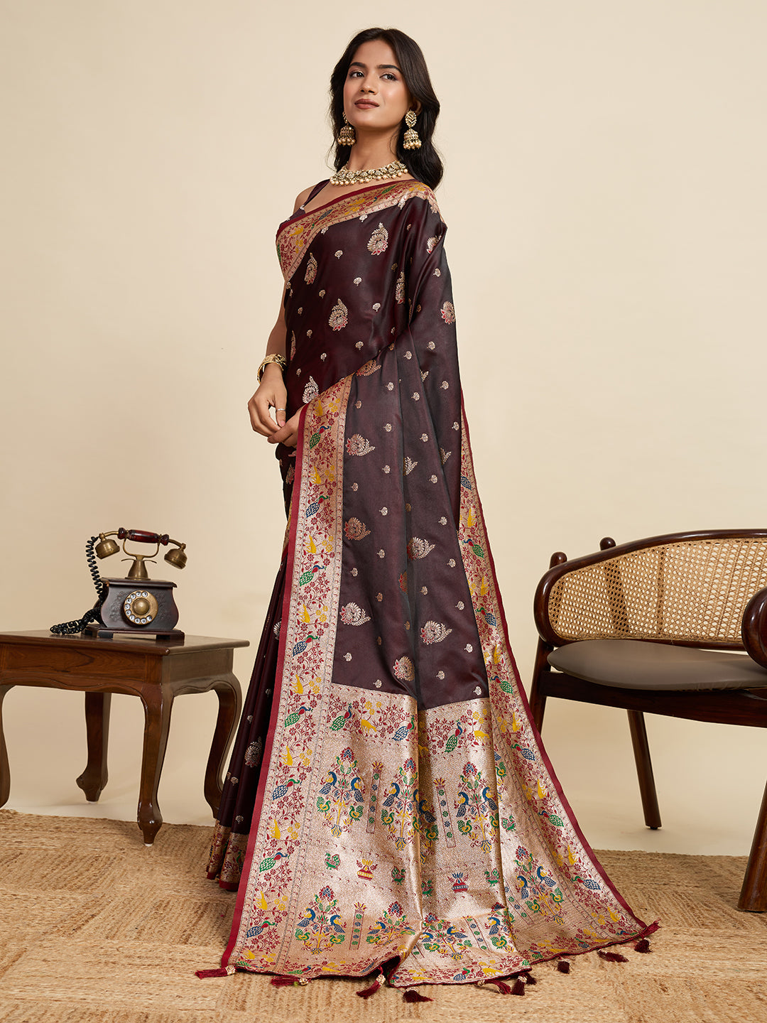 Coffee Soft Silk Saree in Premium Two-Tone Satin with Paithani Design, Rich Zari Pallu & Contrast Mina Border