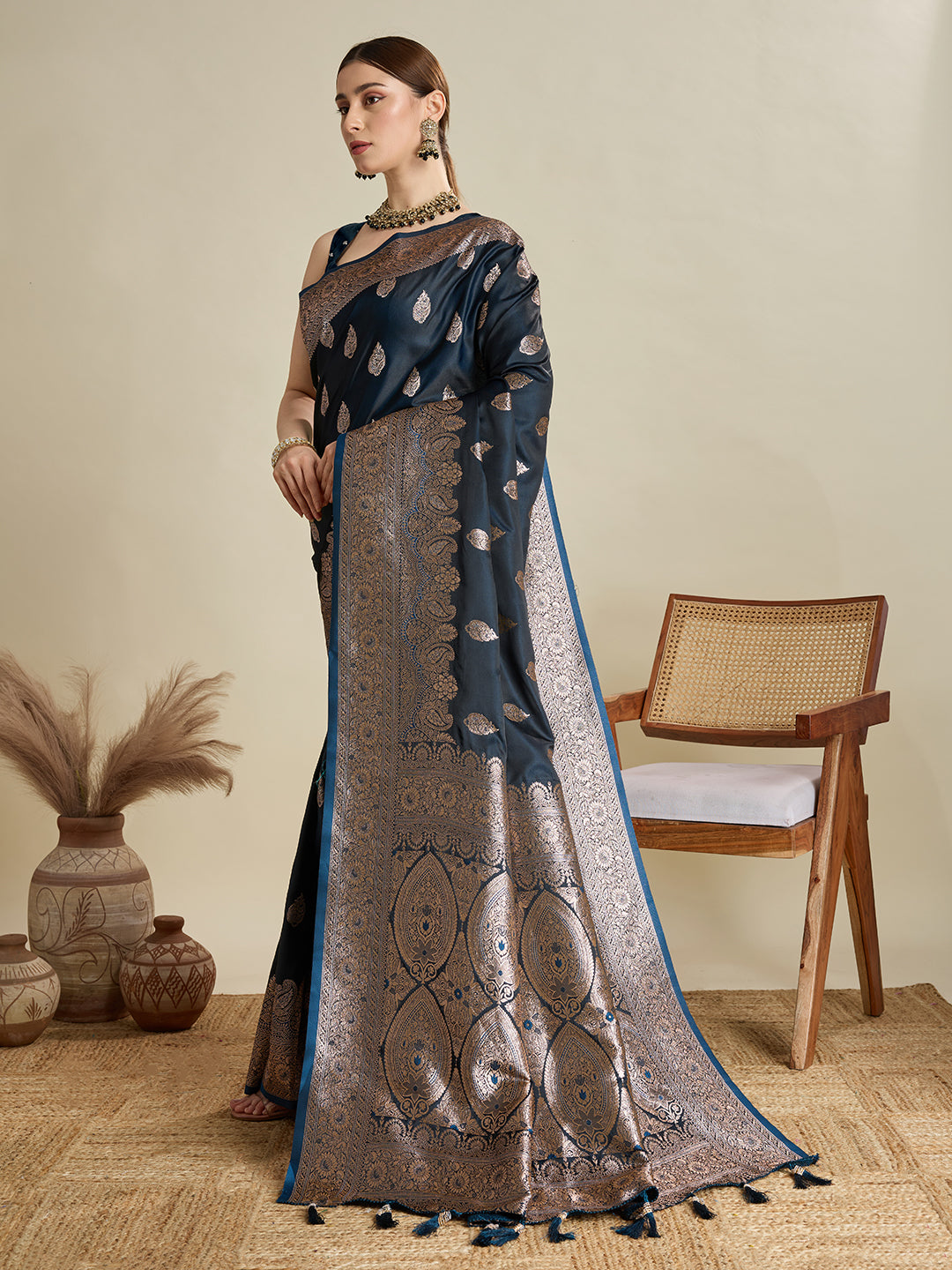 Soft Satin Silk Blue Saree with Rich Zari Motifs, Contrast Border & Elegant Blouse