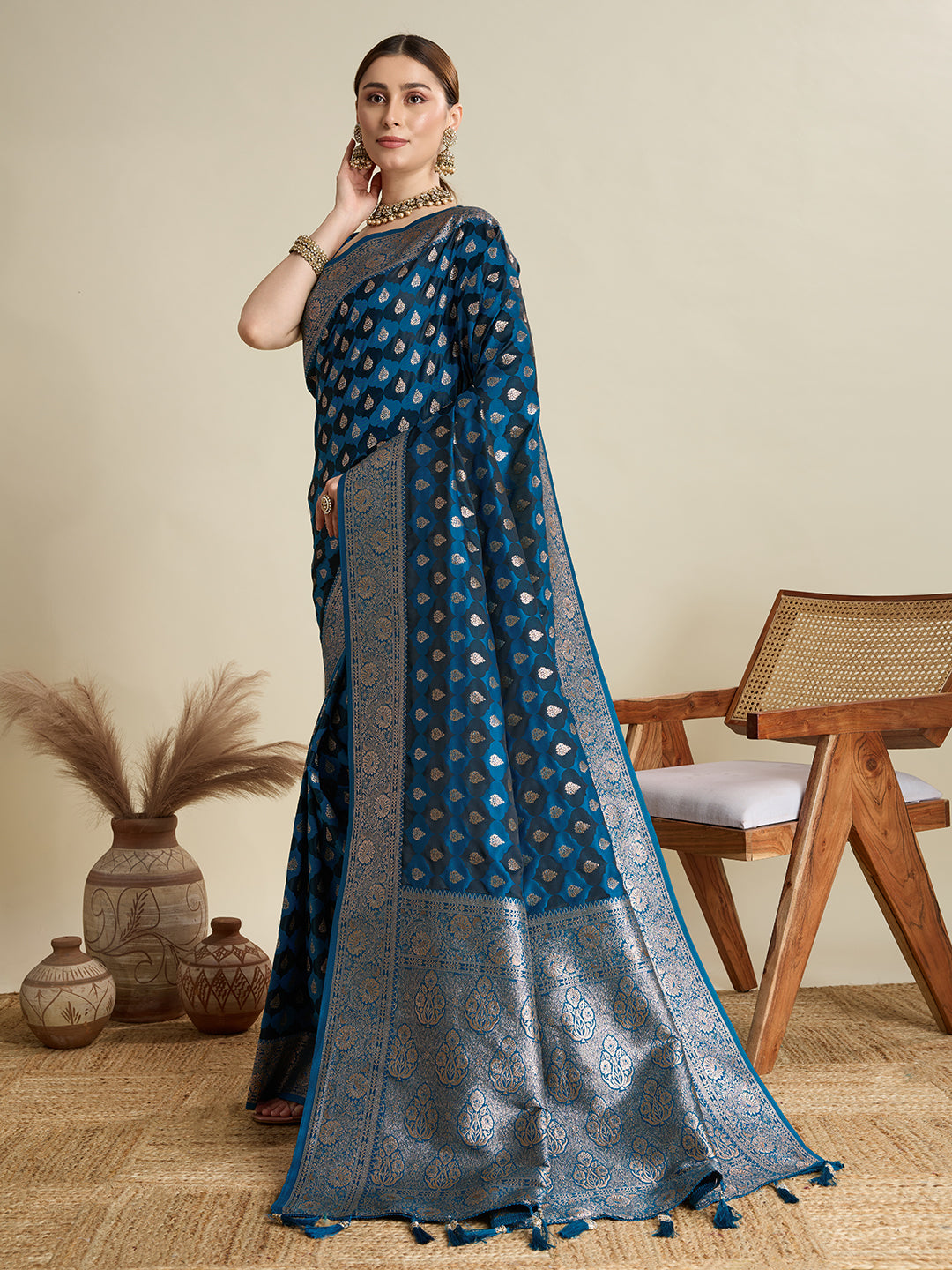 Soft Satin Silk Blue Saree with Rich Zari Motifs, Contrast Border & Elegant Blouse