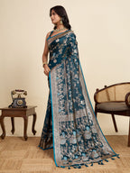 Premium Turquoise Two-Tone Satin Soft Silk Saree with All Over Zari Work & Contrast Woven Border