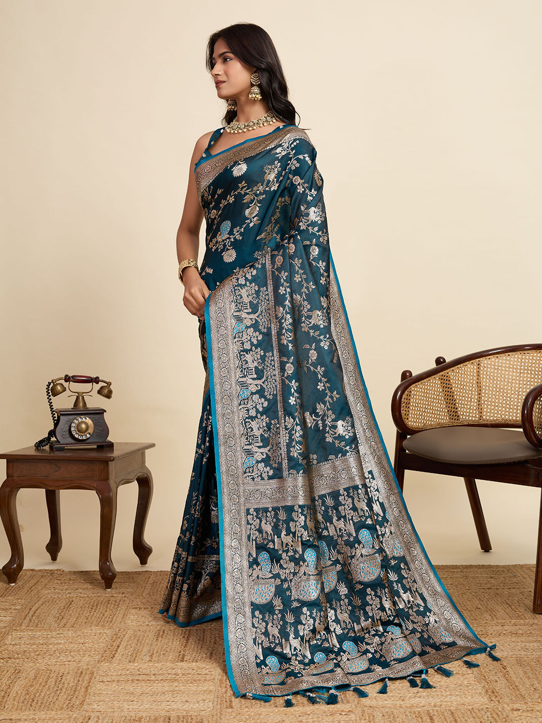Premium Turquoise Two-Tone Satin Soft Silk Saree with All Over Zari Work & Contrast Woven Border
