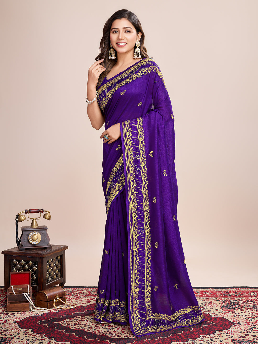 Soft Vichitra Silk Purple Saree with Intricate Multicolor Floral Work & Coordinated Embroidered