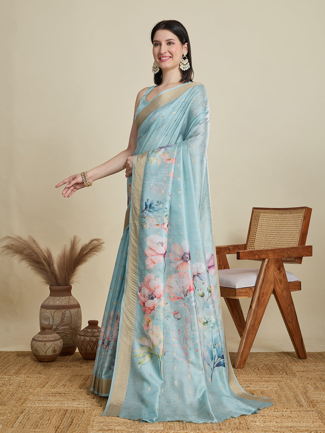 Soft, Breathable & Celebration-Ready: Semi Cotton Sky Blue Sarees with Butti & Jacquard Elegance