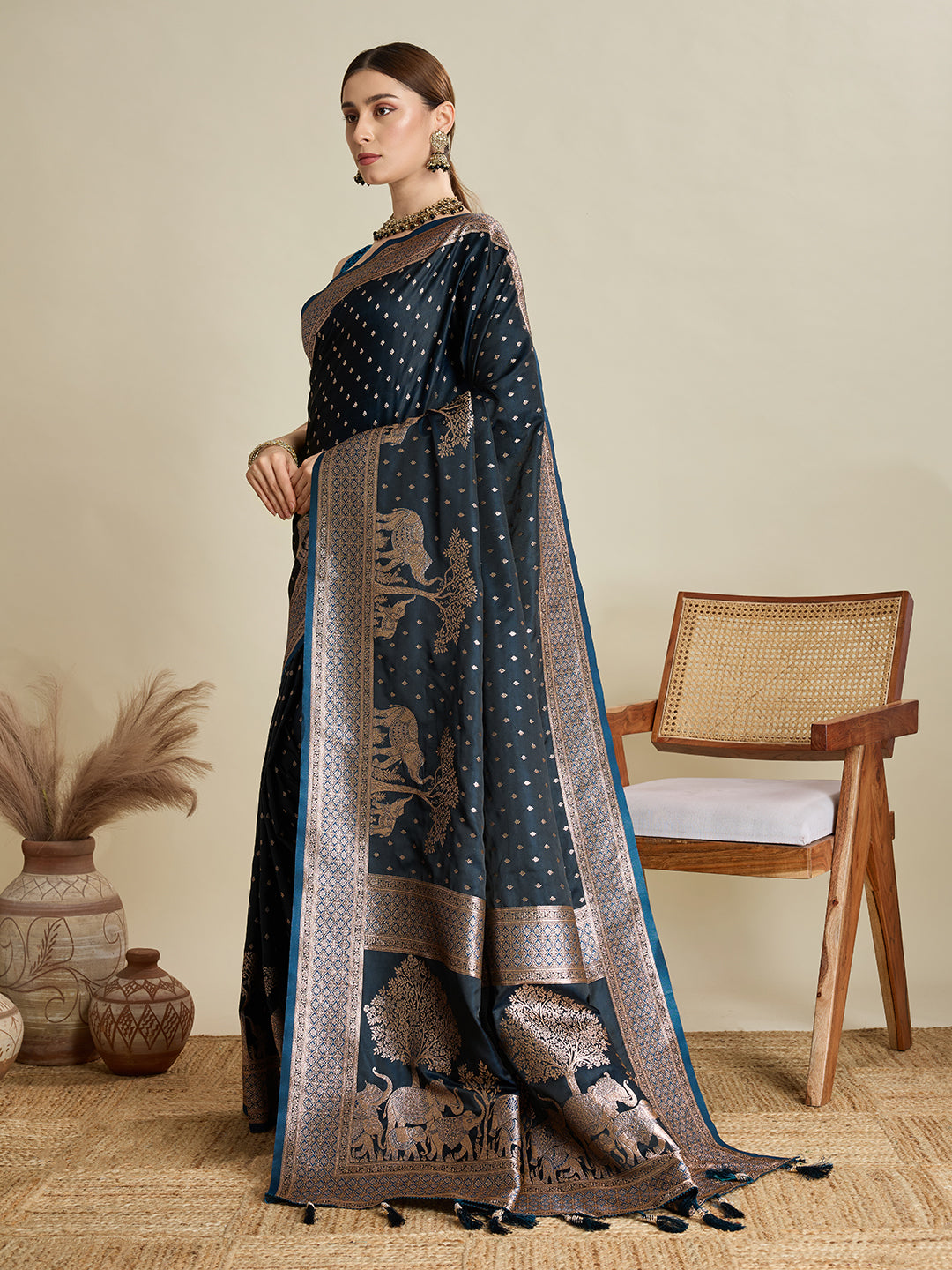 Soft Satin Silk Navy Blue Saree with Rich Zari Motifs, Contrast Border & Elegant Blouse