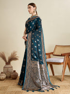 Soft Satin Silk Blue Saree with Rich Zari Motifs, Contrast Border & Elegant Blouse