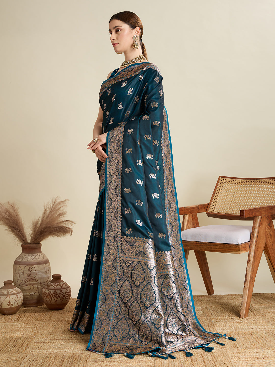 Soft Satin Silk Blue Saree with Rich Zari Motifs, Contrast Border & Elegant Blouse