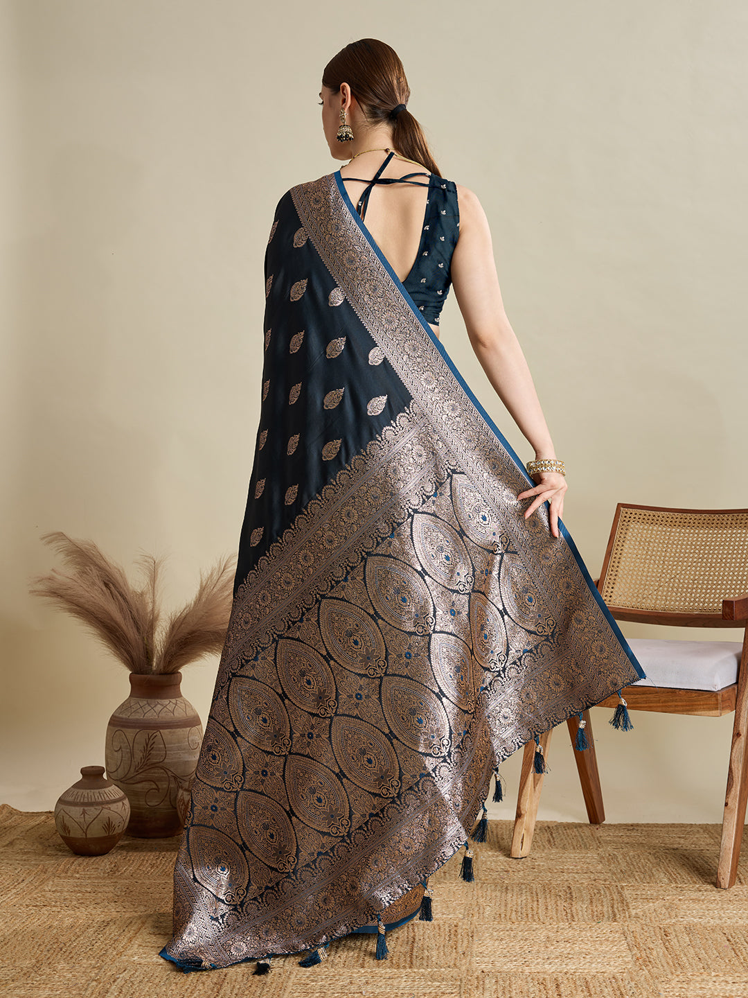 Soft Satin Silk Blue Saree with Rich Zari Motifs, Contrast Border & Elegant Blouse
