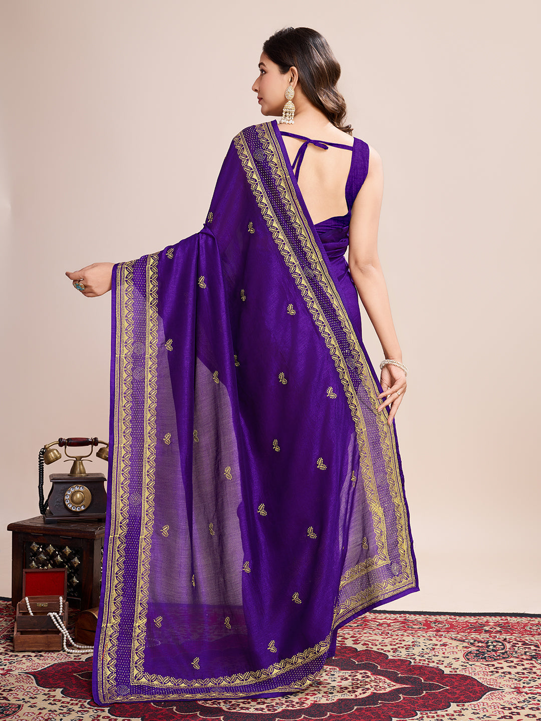 Soft Vichitra Silk Purple Saree with Intricate Multicolor Floral Work & Coordinated Embroidered