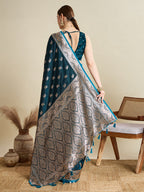 Soft Satin Silk Blue Saree with Rich Zari Motifs, Contrast Border & Elegant Blouse